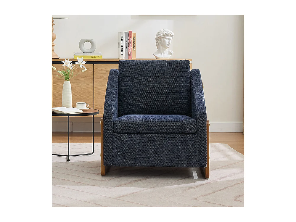 Fauteuil appoint salon lounge moderne accoudoirs bois coussin dossier tissu chenille bleu lot 1