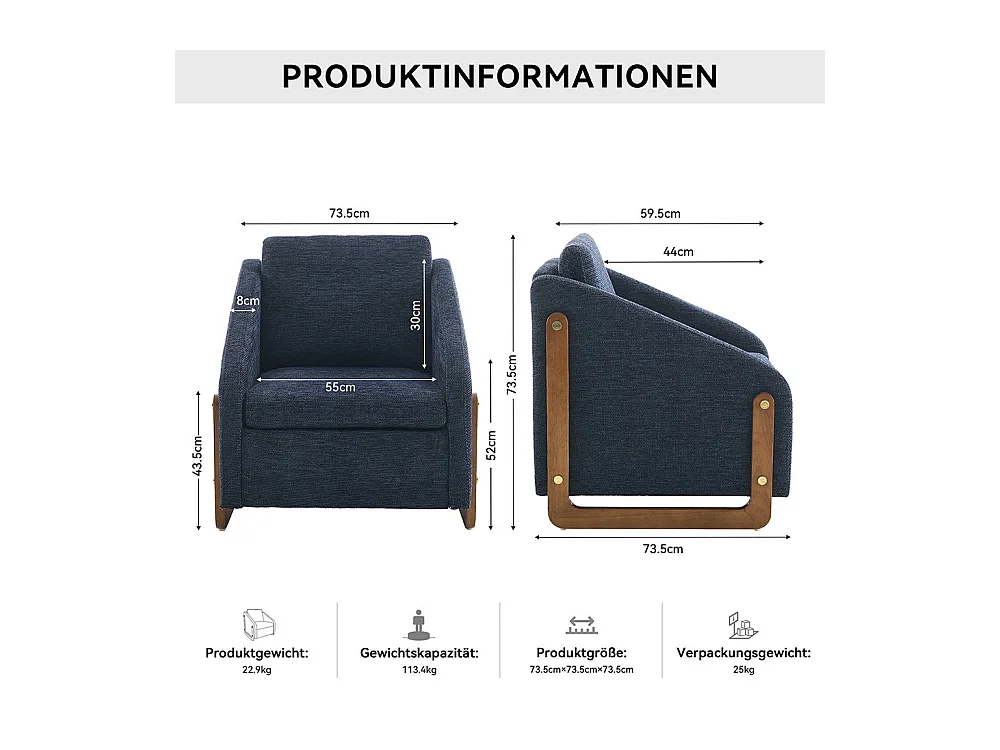 Fauteuil appoint salon lounge moderne accoudoirs bois coussin dossier tissu chenille bleu lot 1