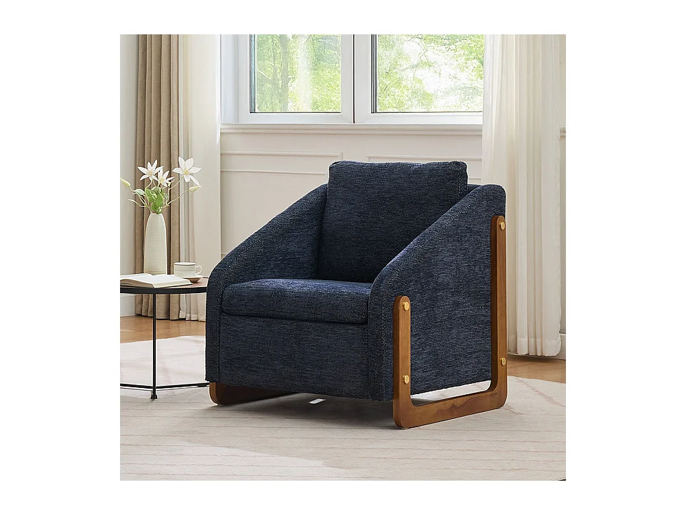 Fauteuil appoint salon lounge moderne accoudoirs bois coussin dossier tissu chenille bleu lot 1