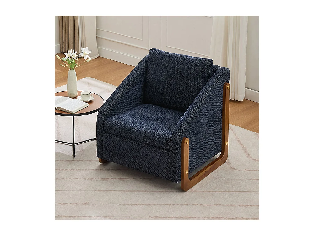 Fauteuil appoint salon lounge moderne accoudoirs bois coussin dossier tissu chenille bleu lot 1