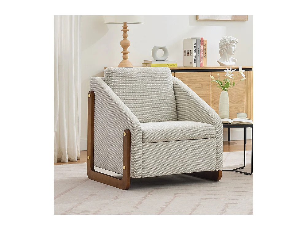 Fauteuil appoint salon lounge moderne accoudoirs bois coussin dossier tissu chenille beige lot 1