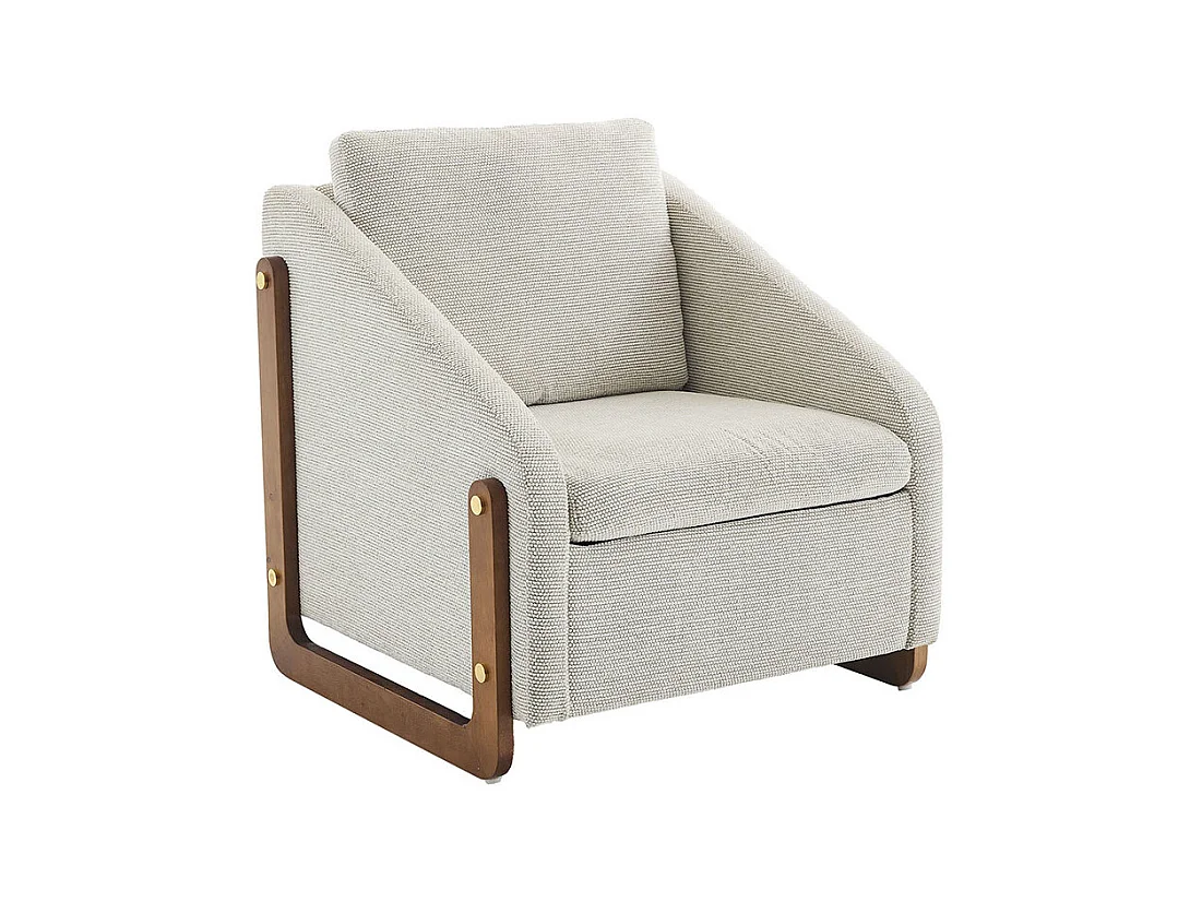 Fauteuil appoint salon lounge moderne accoudoirs bois coussin dossier tissu chenille beige lot 1