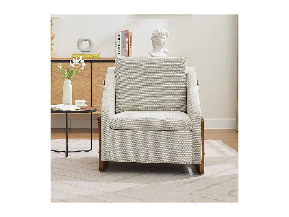 Fauteuil appoint salon lounge moderne accoudoirs bois coussin dossier tissu chenille beige lot 1