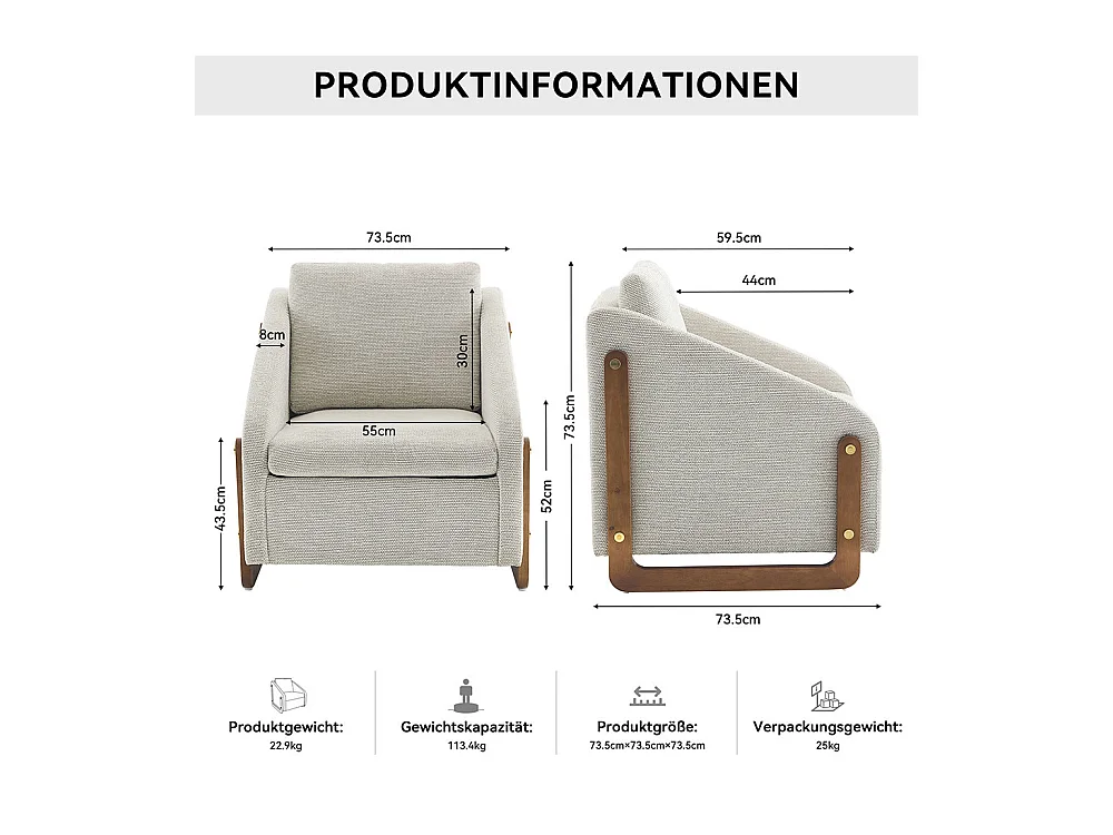 Fauteuil appoint salon lounge moderne accoudoirs bois coussin dossier tissu chenille beige lot 1