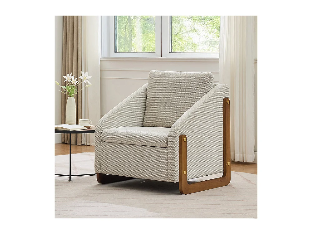 Fauteuil appoint salon lounge moderne accoudoirs bois coussin dossier tissu chenille beige lot 1