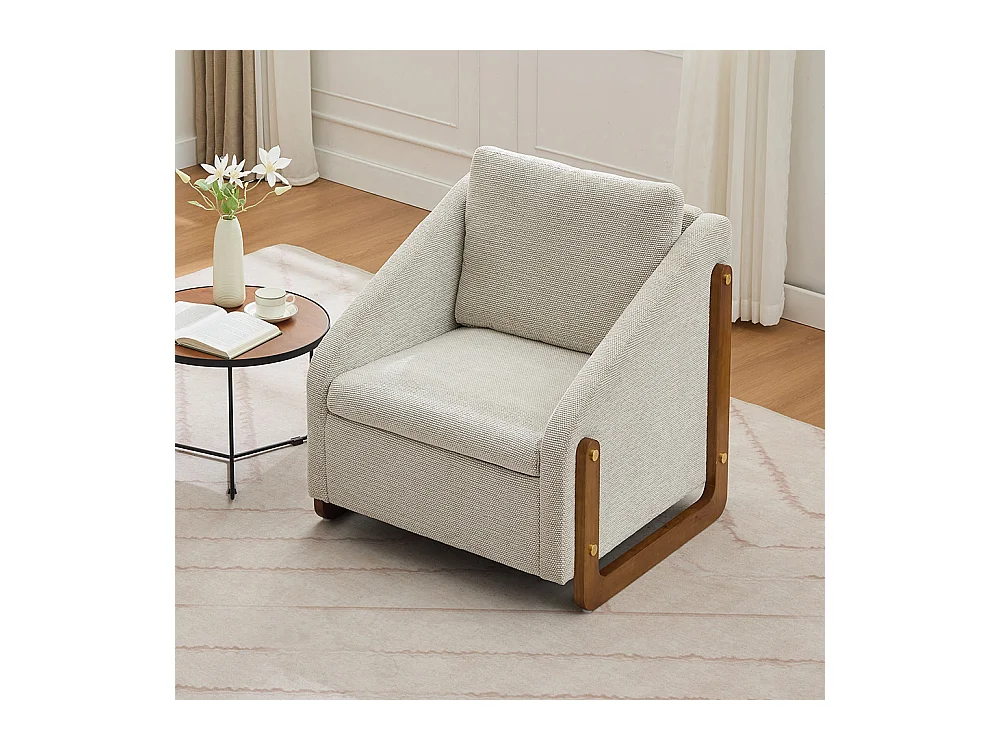 Fauteuil appoint salon lounge moderne accoudoirs bois coussin dossier tissu chenille beige lot 1