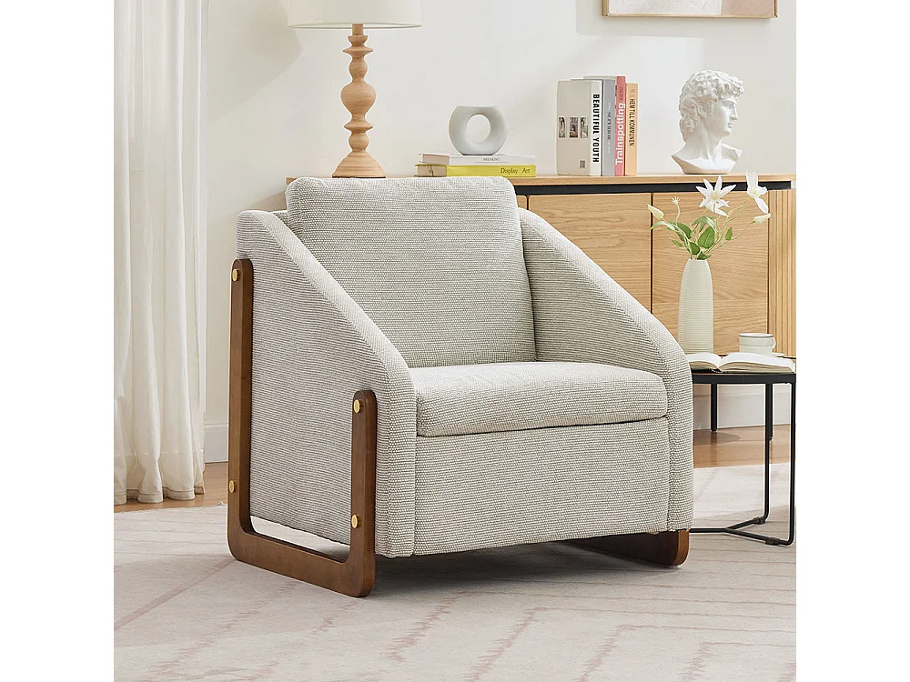 Fauteuil appoint salon lounge moderne accoudoirs bois coussin dossier tissu chenille beige lot 1
