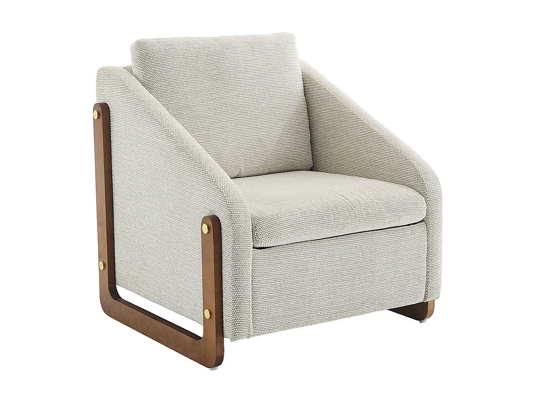 Fauteuil appoint salon lounge moderne accoudoirs bois coussin dossier tissu chenille beige lot 1