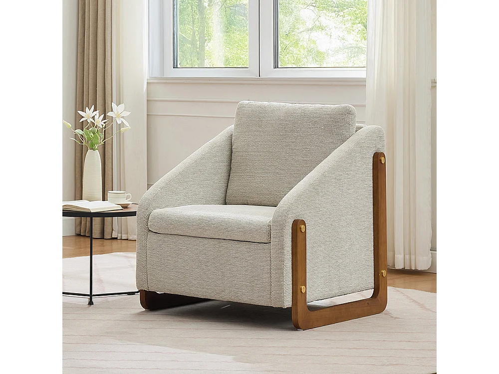 Fauteuil appoint salon lounge moderne accoudoirs bois coussin dossier tissu chenille beige lot 1
