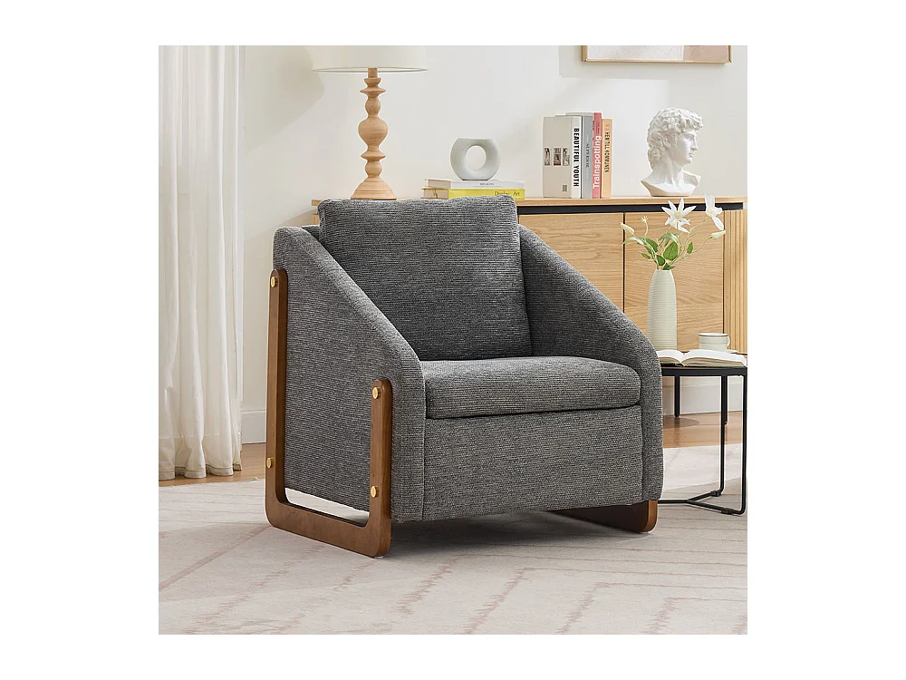 Fauteuil appoint salon lounge moderne accoudoirs bois coussin dossier tissu chenille gris lot 1