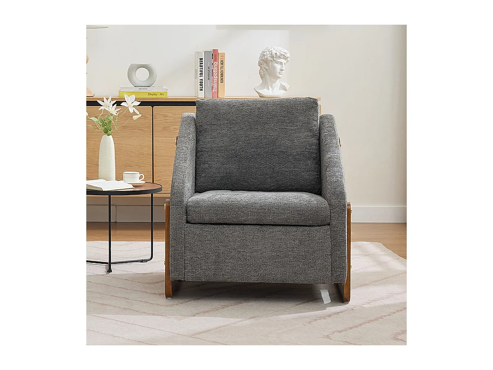 Fauteuil appoint salon lounge moderne accoudoirs bois coussin dossier tissu chenille gris lot 1