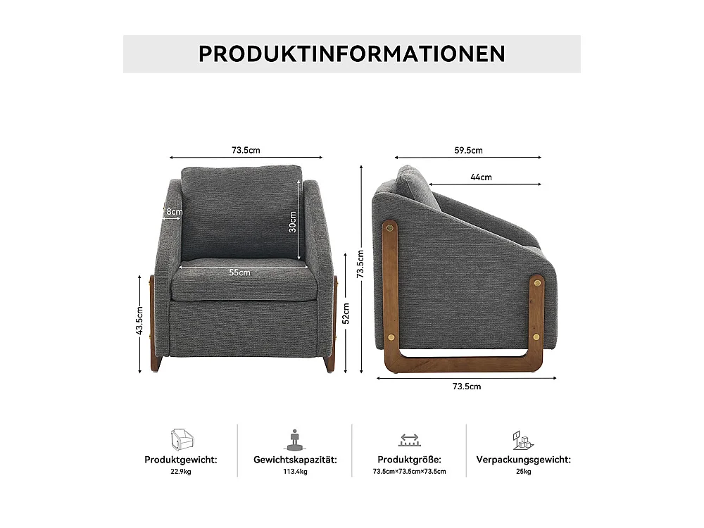 Fauteuil appoint salon lounge moderne accoudoirs bois coussin dossier tissu chenille gris lot 1