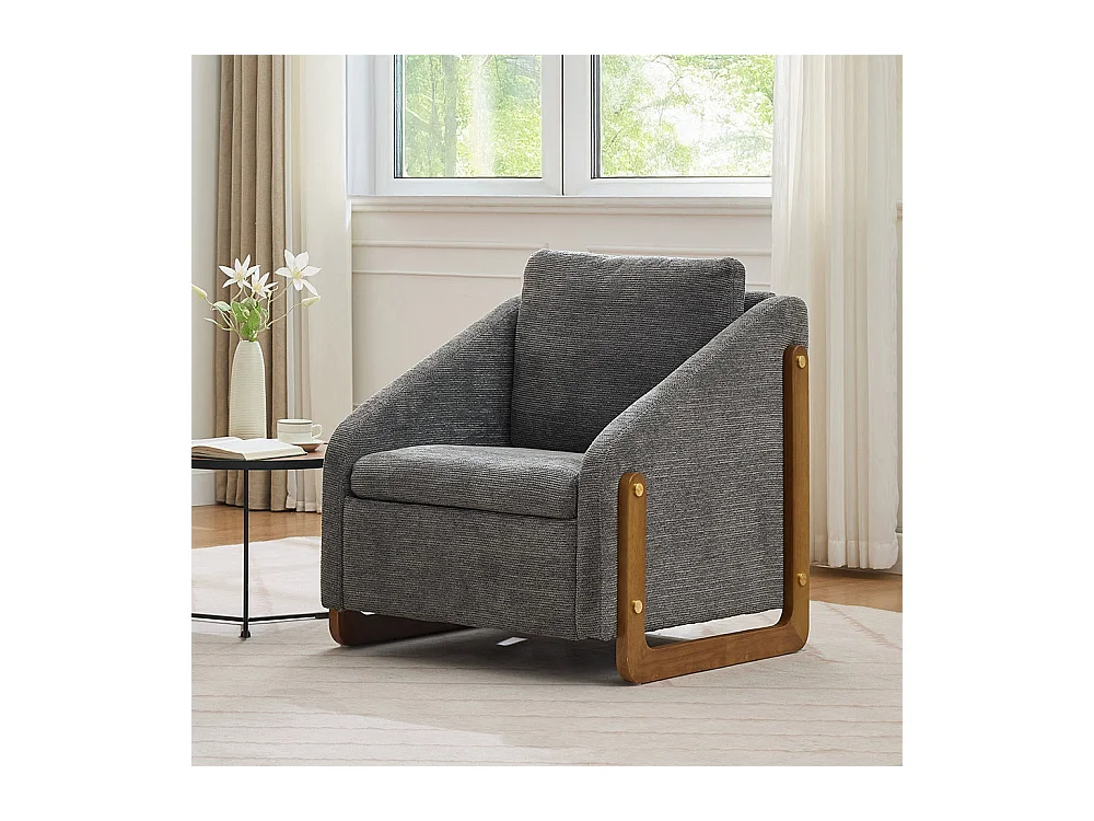 Fauteuil appoint salon lounge moderne accoudoirs bois coussin dossier tissu chenille gris lot 1