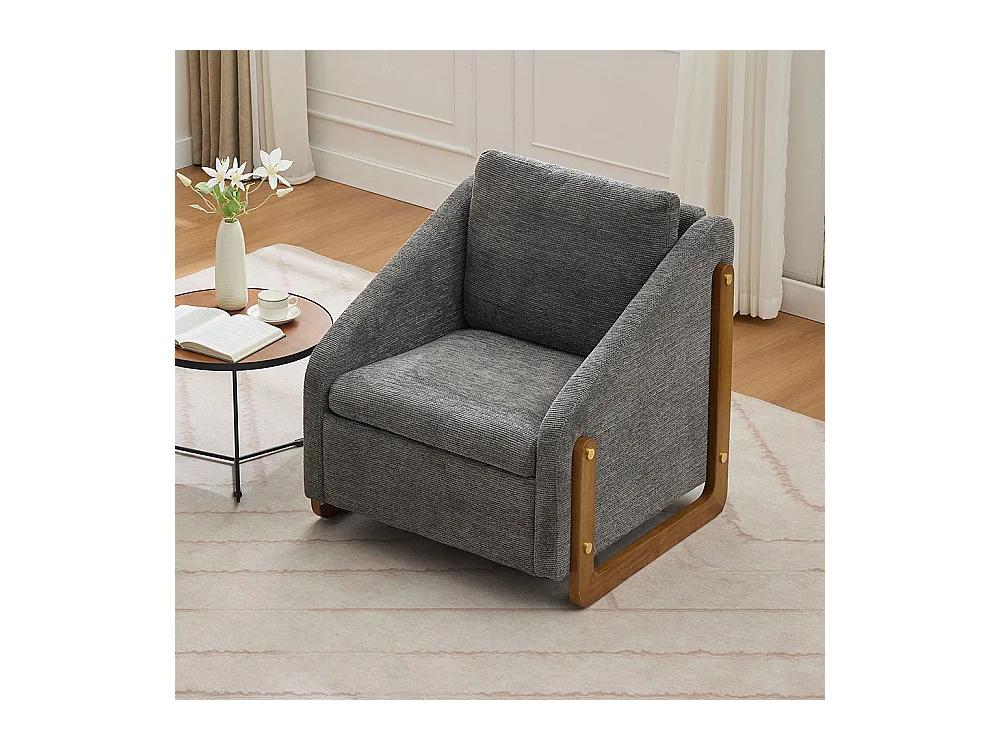 Fauteuil appoint salon lounge moderne accoudoirs bois coussin dossier tissu chenille gris lot 1
