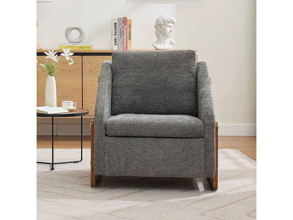 Fauteuil appoint salon lounge moderne accoudoirs bois coussin dossier tissu chenille gris lot 1