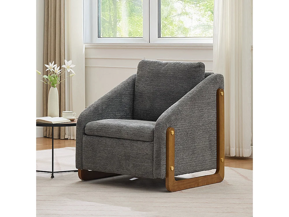 Fauteuil appoint salon lounge moderne accoudoirs bois coussin dossier tissu chenille gris lot 1