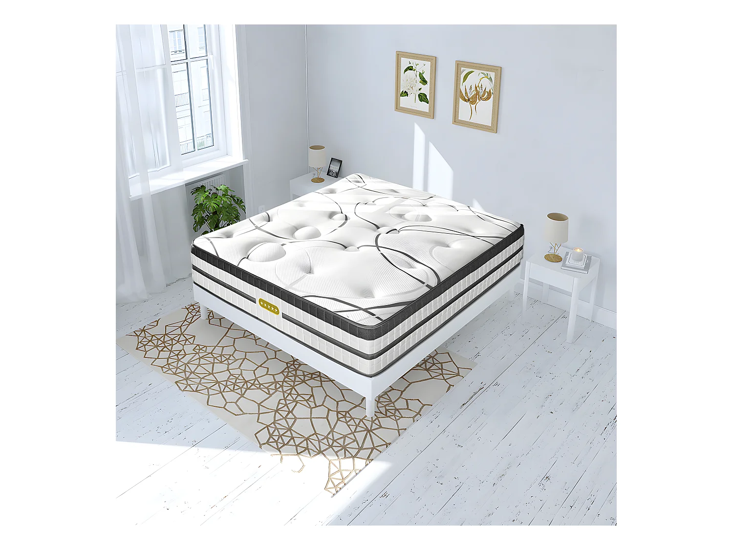 Ensemble sommier Bois Blanc et Matelas Concorde Ressorts ensachés Accueil mémoire 26cm 140x200cm