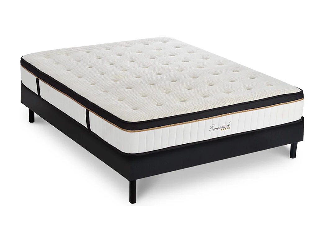 Ensemble Matelas Emeraude Mousse Accueil mémoire moelleux 24 cm et Sommier Bois Noir 90 x 200 cm