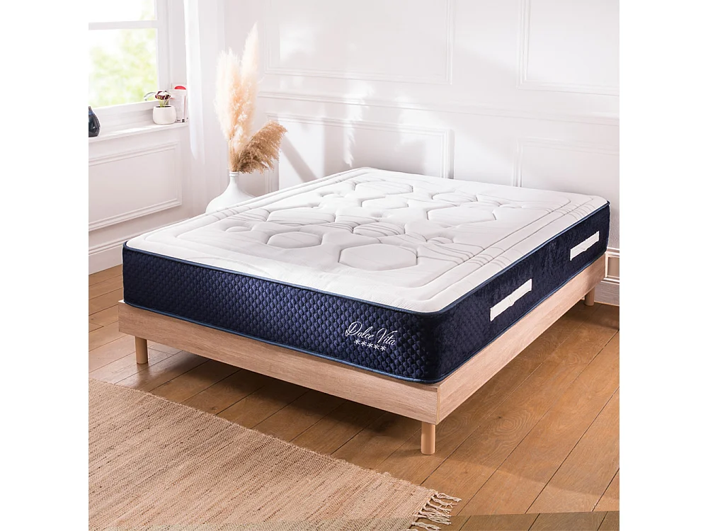 Ensemble Matelas Dolce Vita Ressorts ensachés Accueil mémoire 28cm et Sommier Kit Bois 180x200cm