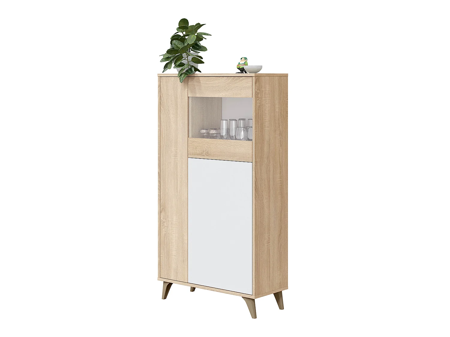 Armoire meuble de rangement vitrine en mélamine coloris chêne Canadian blanc artik - Hauteur 142 x Longueur 77 cm x Profondeur 33 cm