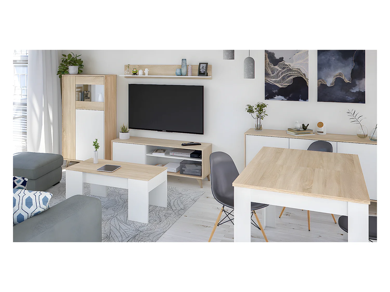 Armoire meuble de rangement vitrine en mélamine coloris chêne Canadian blanc artik - Hauteur 142 x Longueur 77 cm x Profondeur 33 cm