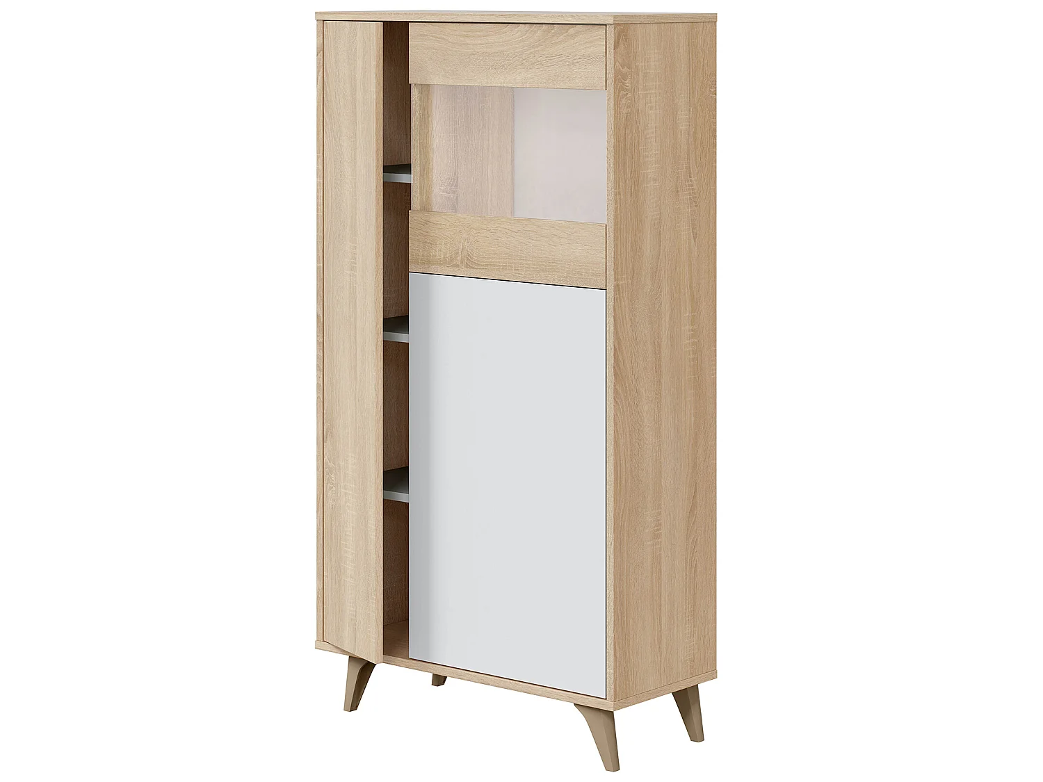 Armoire meuble de rangement vitrine en mélamine coloris chêne Canadian blanc artik - Hauteur 142 x Longueur 77 cm x Profondeur 33 cm