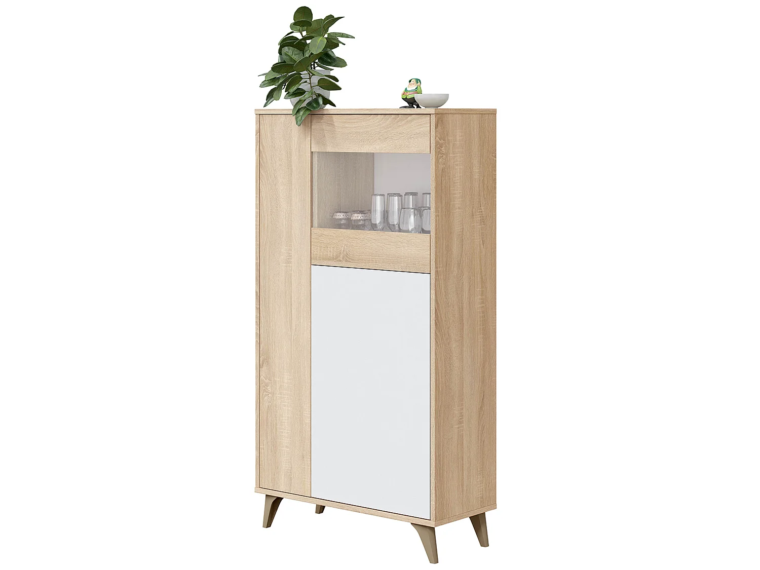 Armoire meuble de rangement vitrine en mélamine coloris chêne Canadian blanc artik - Hauteur 142 x Longueur 77 cm x Profondeur 33 cm