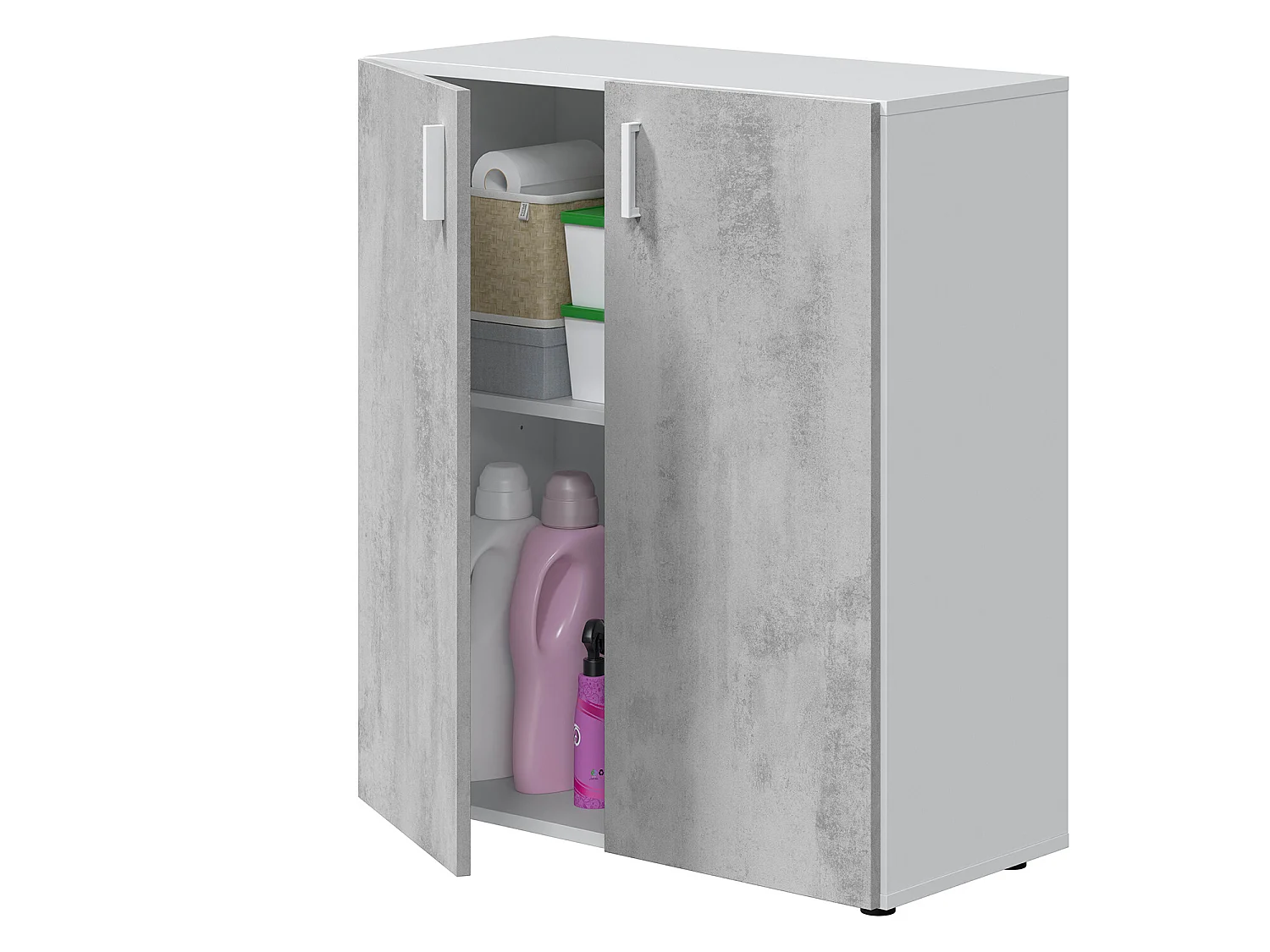 Armoire basse à 2 portes meuble de rangement blanc mat et gris ciment - Hauteur 92 x Longueur 80 cm x Profondeur 37 cm
