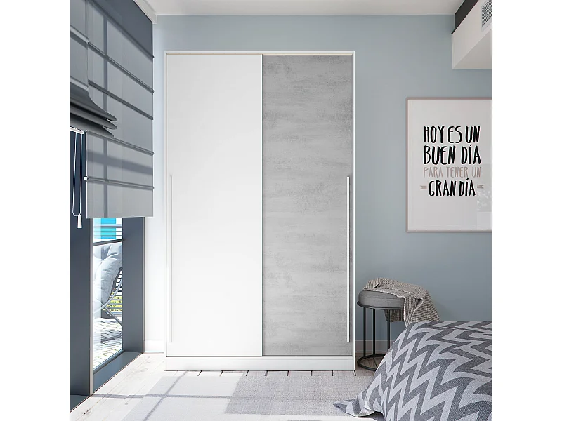 Armoire placard meuble de rangement 2 portes coulissantes en bois coloris blanc mat et gris ciment - Hauteur 200 x Longueur 120 cm x Profondeur 50 cm