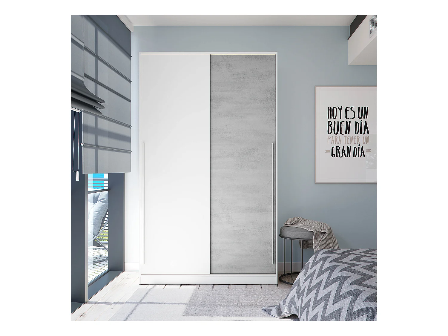 Armoire placard meuble de rangement 2 portes coulissantes en bois coloris blanc mat et gris ciment - Hauteur 200 x Longueur 120 cm x Profondeur 50 cm