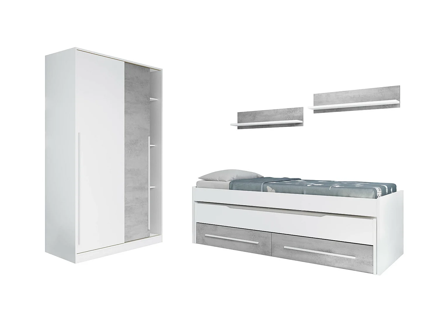 Armoire placard meuble de rangement 2 portes coulissantes en bois coloris blanc mat et gris ciment - Hauteur 200 x Longueur 120 cm x Profondeur 50 cm