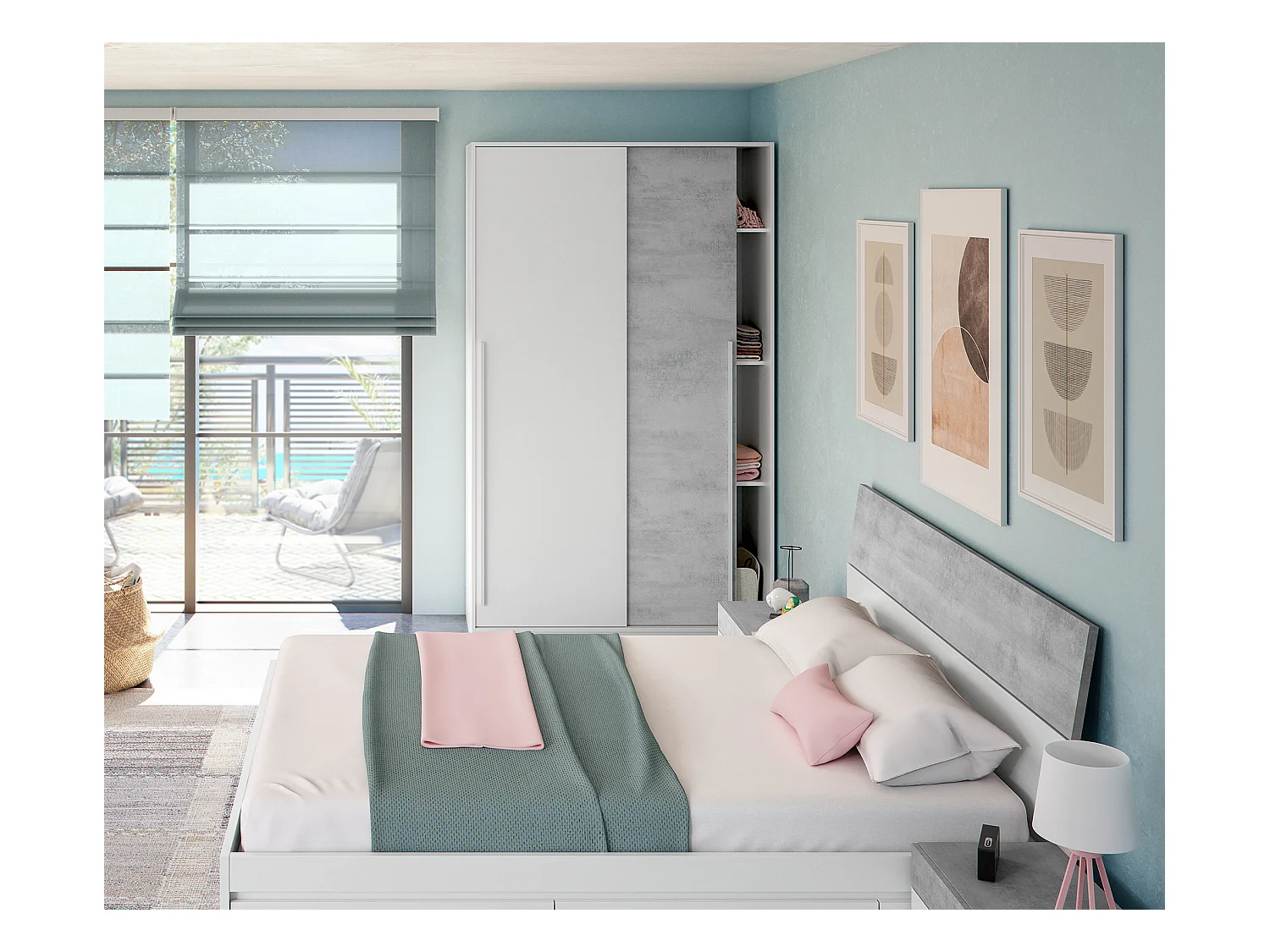 Armoire placard meuble de rangement 2 portes coulissantes en bois coloris blanc mat et gris ciment - Hauteur 200 x Longueur 120 cm x Profondeur 50 cm