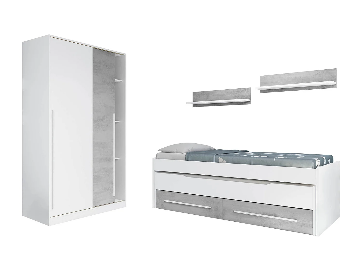 Armoire placard meuble de rangement 2 portes coulissantes en bois coloris blanc mat et gris ciment - Hauteur 200 x Longueur 120 cm x Profondeur 50 cm