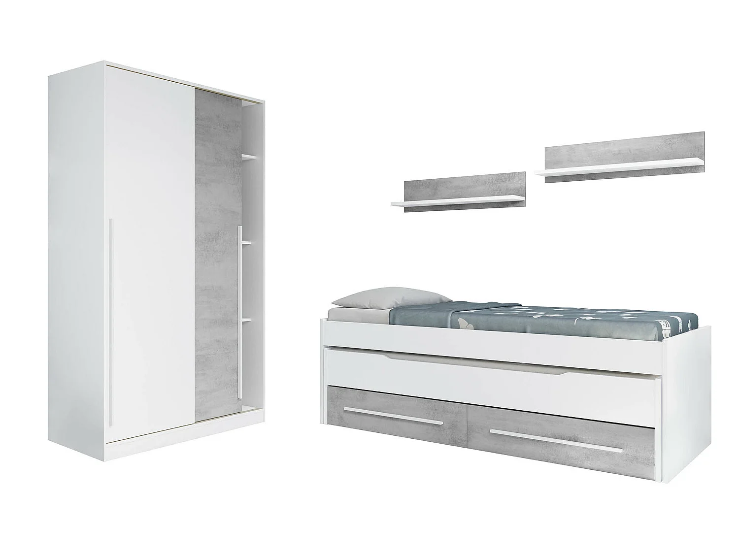 Armoire placard meuble de rangement 2 portes coulissantes en bois coloris blanc mat et gris ciment - Hauteur 200 x Longueur 120 cm x Profondeur 50 cm