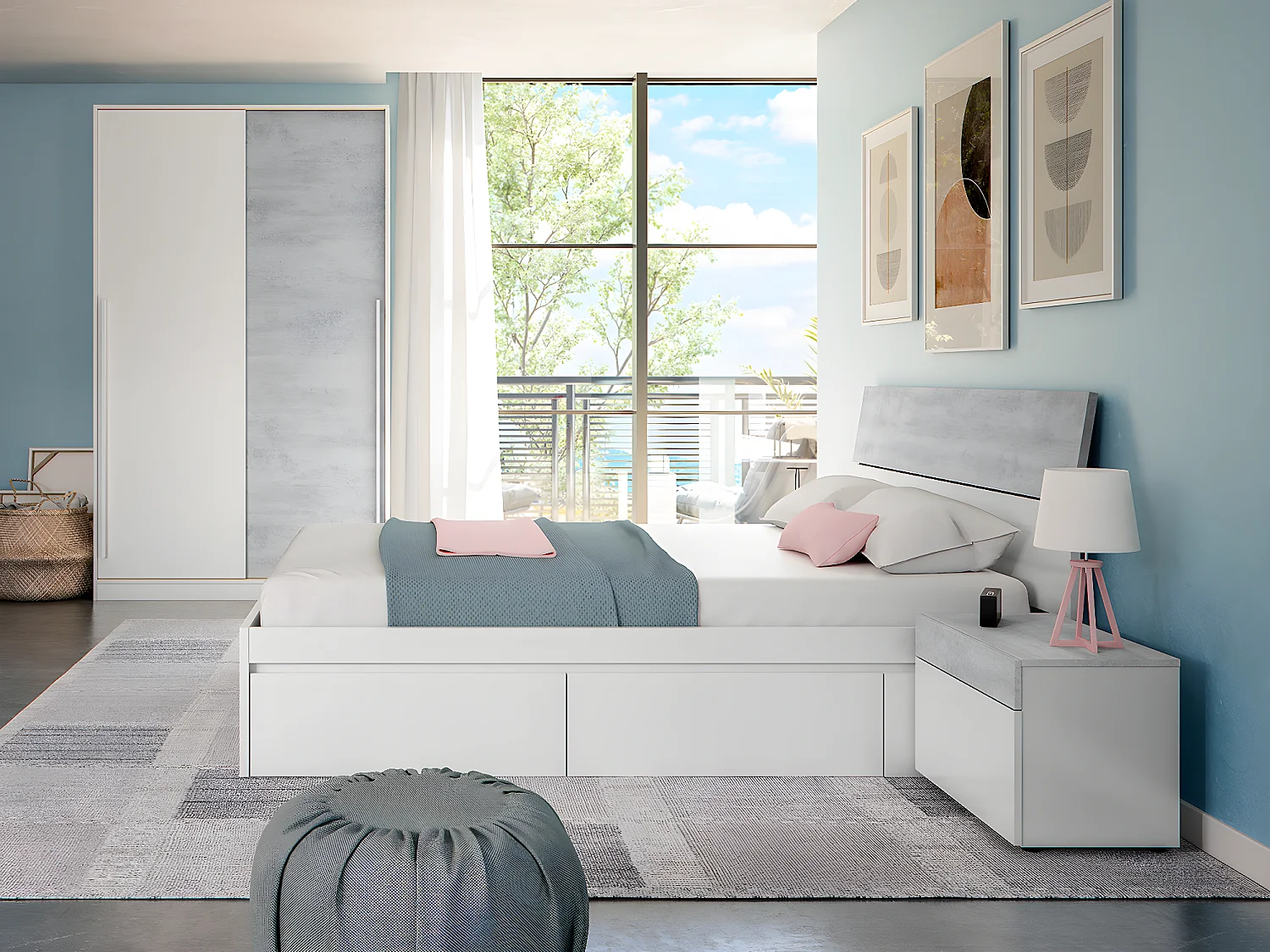 Armoire placard meuble de rangement 2 portes coulissantes en bois coloris blanc mat et gris ciment - Hauteur 200 x Longueur 120 cm x Profondeur 50 cm