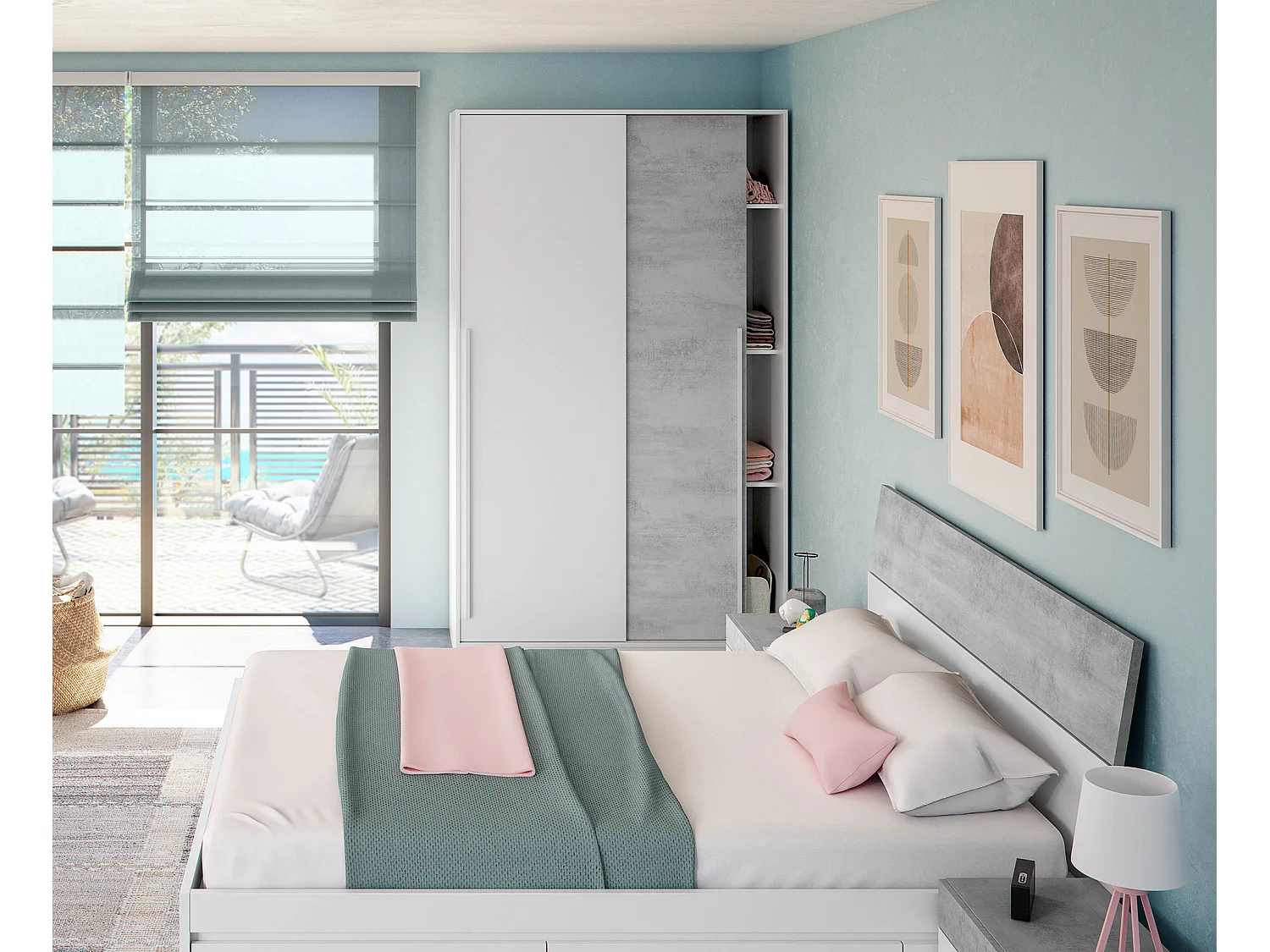 Armoire placard meuble de rangement 2 portes coulissantes en bois coloris blanc mat et gris ciment - Hauteur 200 x Longueur 120 cm x Profondeur 50 cm