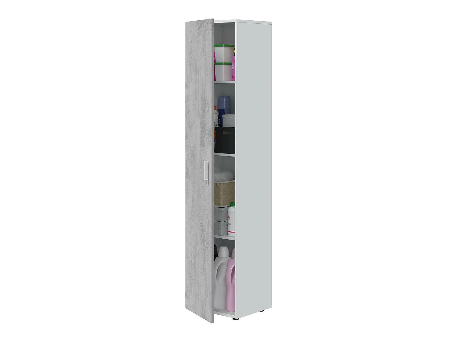 Armoire  meuble de rangement en panneau de particules mélaminé coloris blanc mat et gris ciment - Hauteur 182 x Longueur 41 cm x Profondeur 37 cm