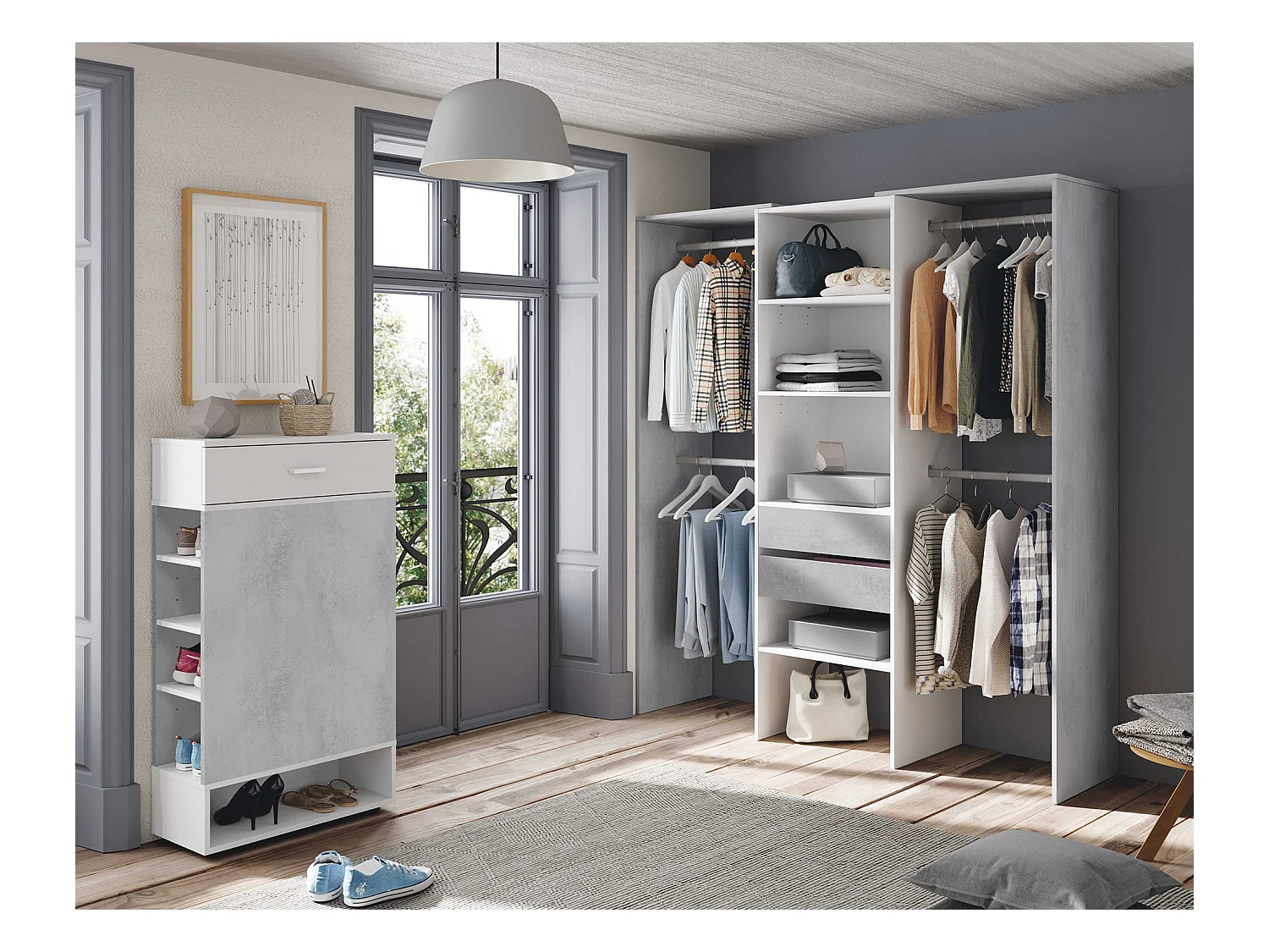 Armoire de rangement dressing en bois coloris blanc mat et gris ciment - Hauteur 202 x Longueur 179 cm x Profondeur 50 cm