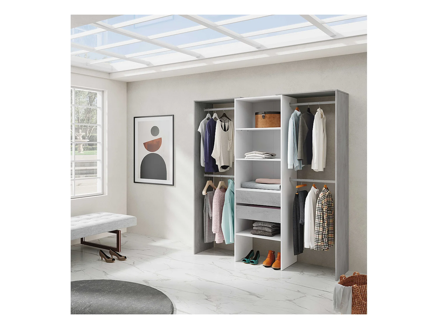 Armoire de rangement dressing en bois coloris blanc mat et gris ciment - Hauteur 202 x Longueur 179 cm x Profondeur 50 cm