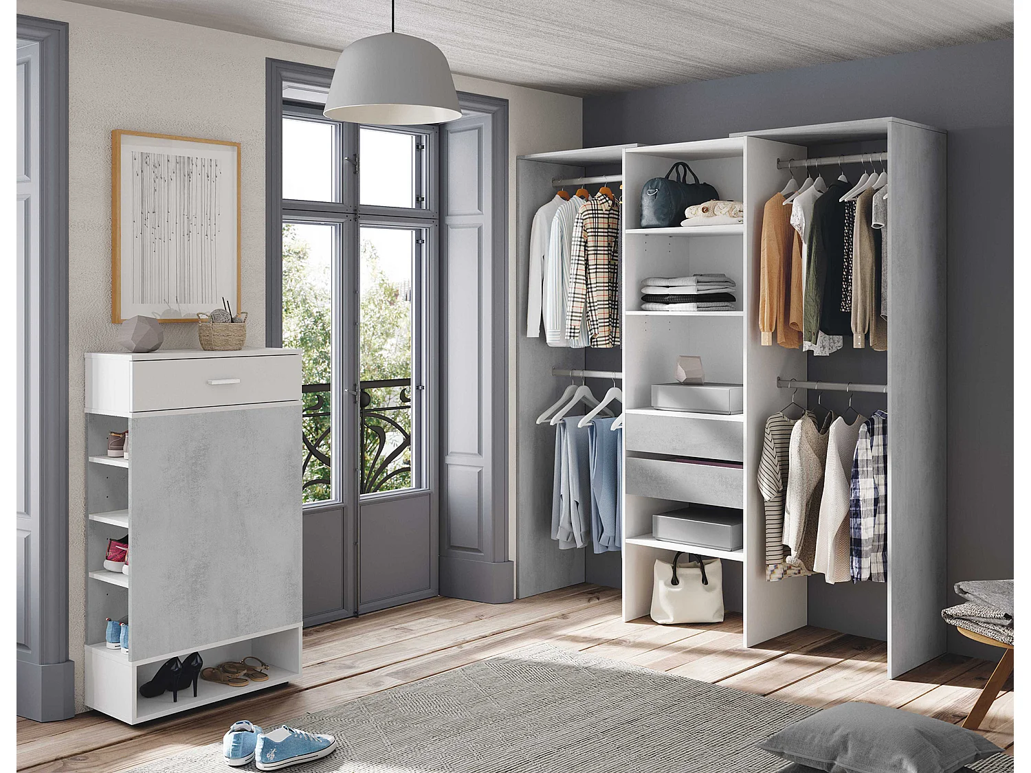 Armoire de rangement dressing en bois coloris blanc mat et gris ciment - Hauteur 202 x Longueur 179 cm x Profondeur 50 cm