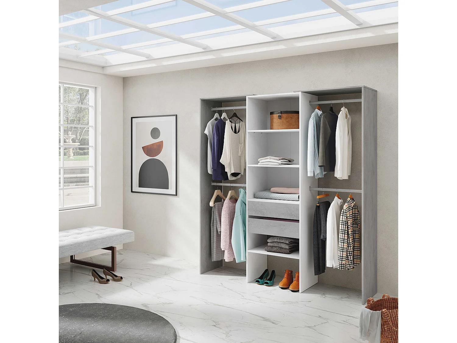 Armoire de rangement dressing en bois coloris blanc mat et gris ciment - Hauteur 202 x Longueur 179 cm x Profondeur 50 cm