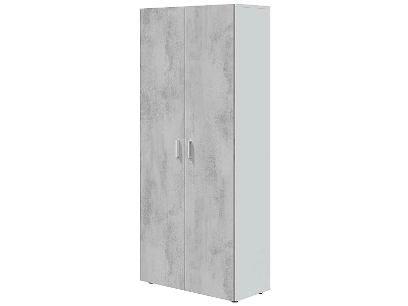 Armoire  meuble de rangement en panneau de particules mélaminé coloris blanc mat et gris ciment - Hauteur 182 x Longueur 80 cm x Profondeur 37 cm