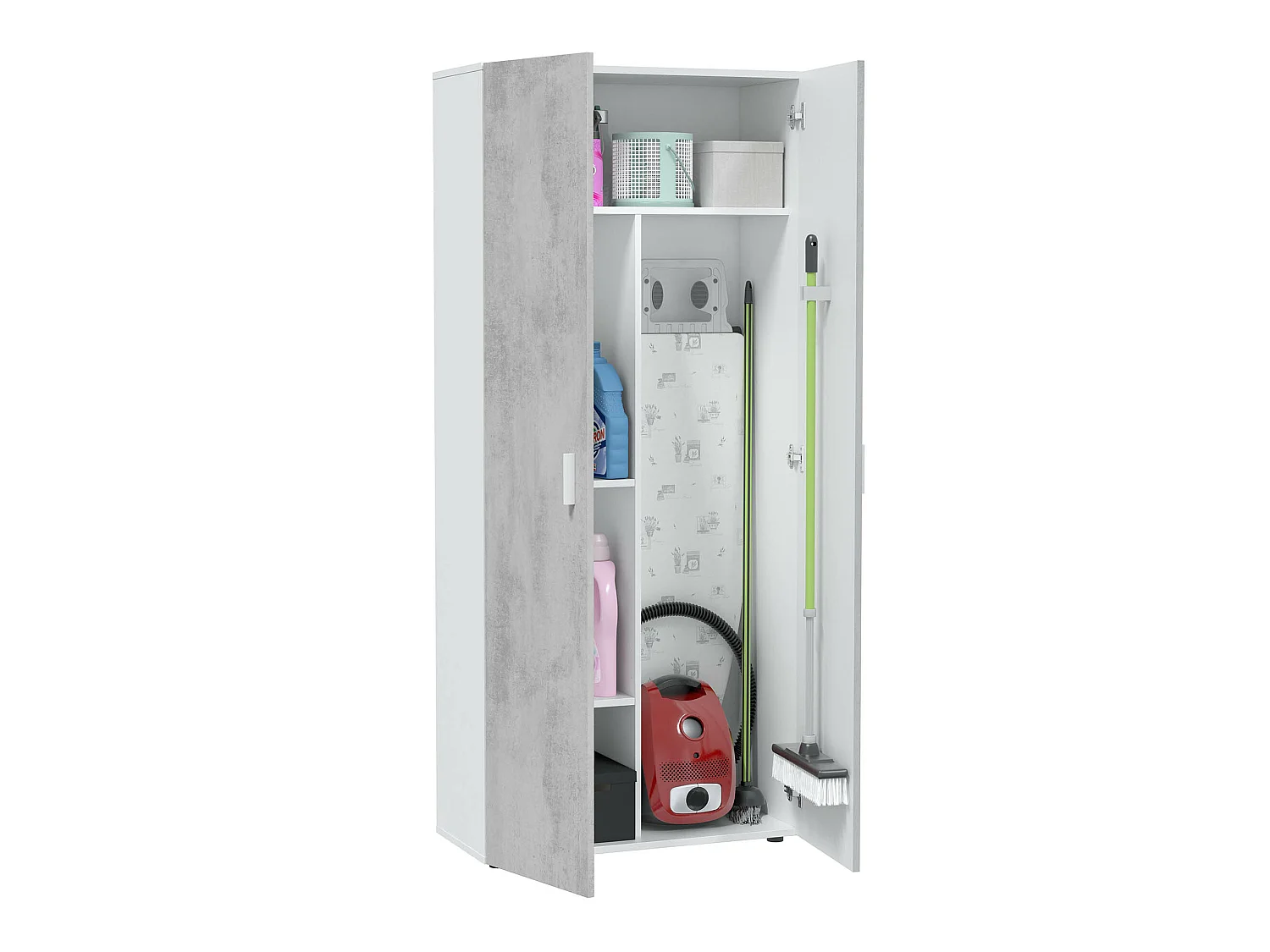 Armoire  meuble de rangement en panneau de particules mélaminé coloris blanc mat et gris ciment - Hauteur 182 x Longueur 80 cm x Profondeur 37 cm