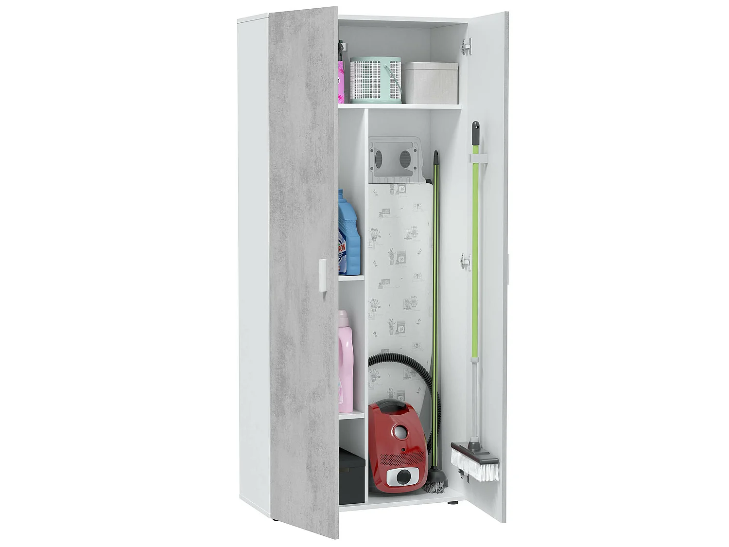 Armoire  meuble de rangement en panneau de particules mélaminé coloris blanc mat et gris ciment - Hauteur 182 x Longueur 80 cm x Profondeur 37 cm