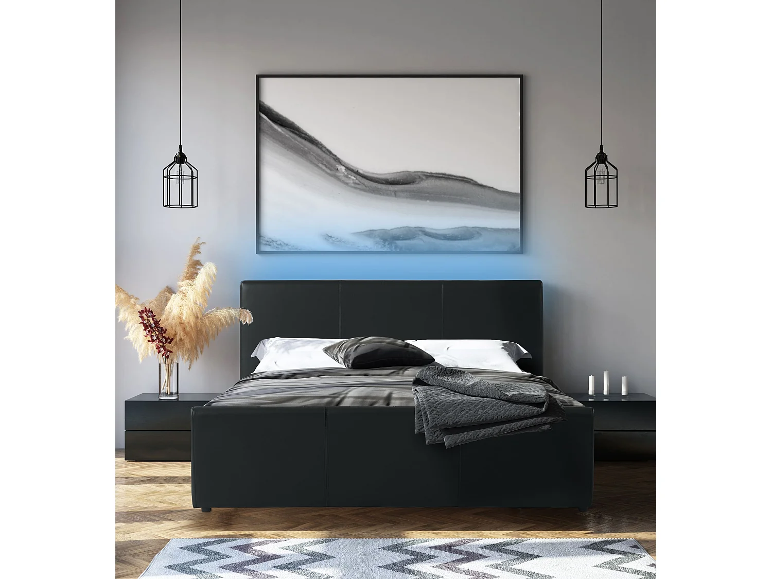 Lit coffre à led ASTRA  simili noir  140x190 sommier inclus