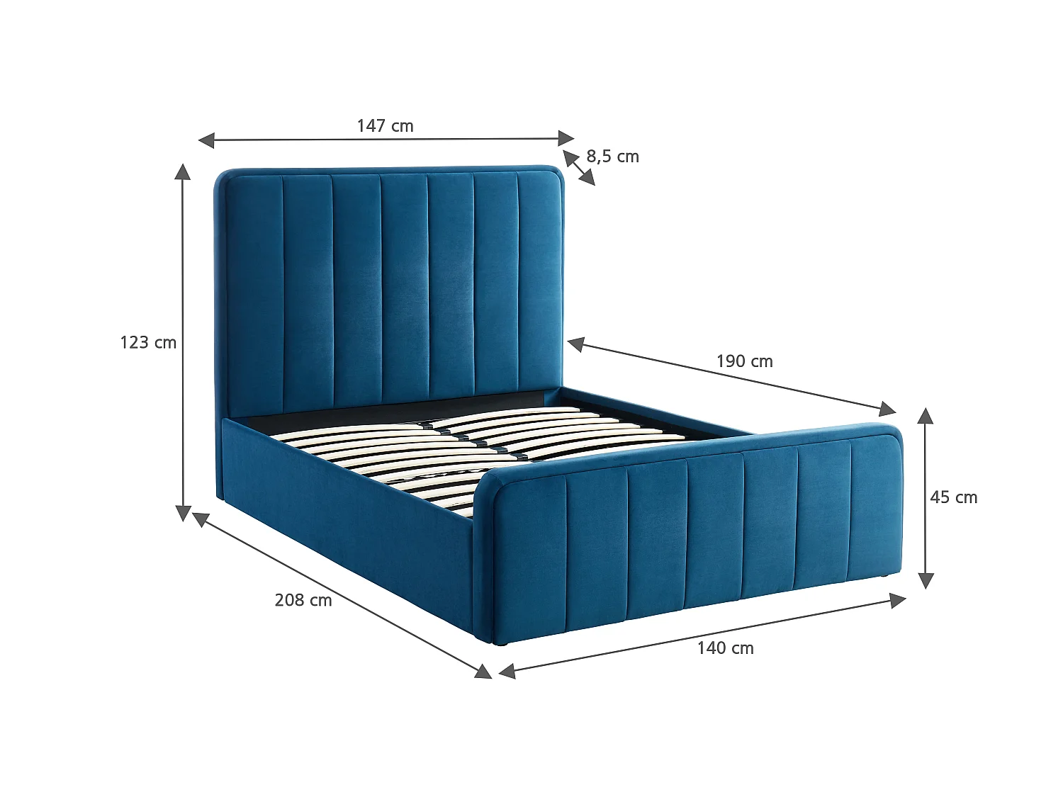 Lit coffre GATSBY velours bleu canard 140x190 sommier inclus
