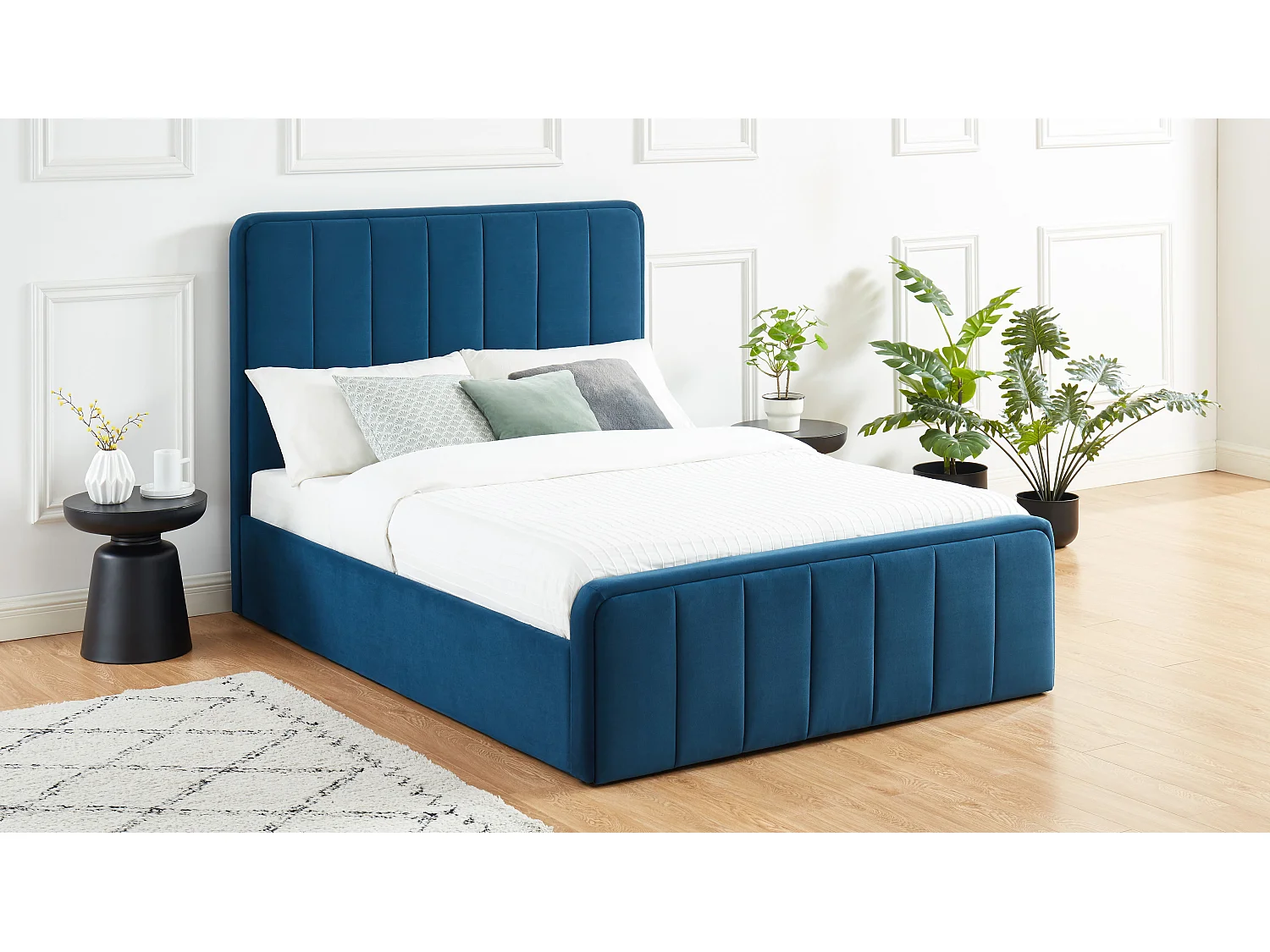 Lit coffre GATSBY velours bleu canard 140x190 sommier inclus