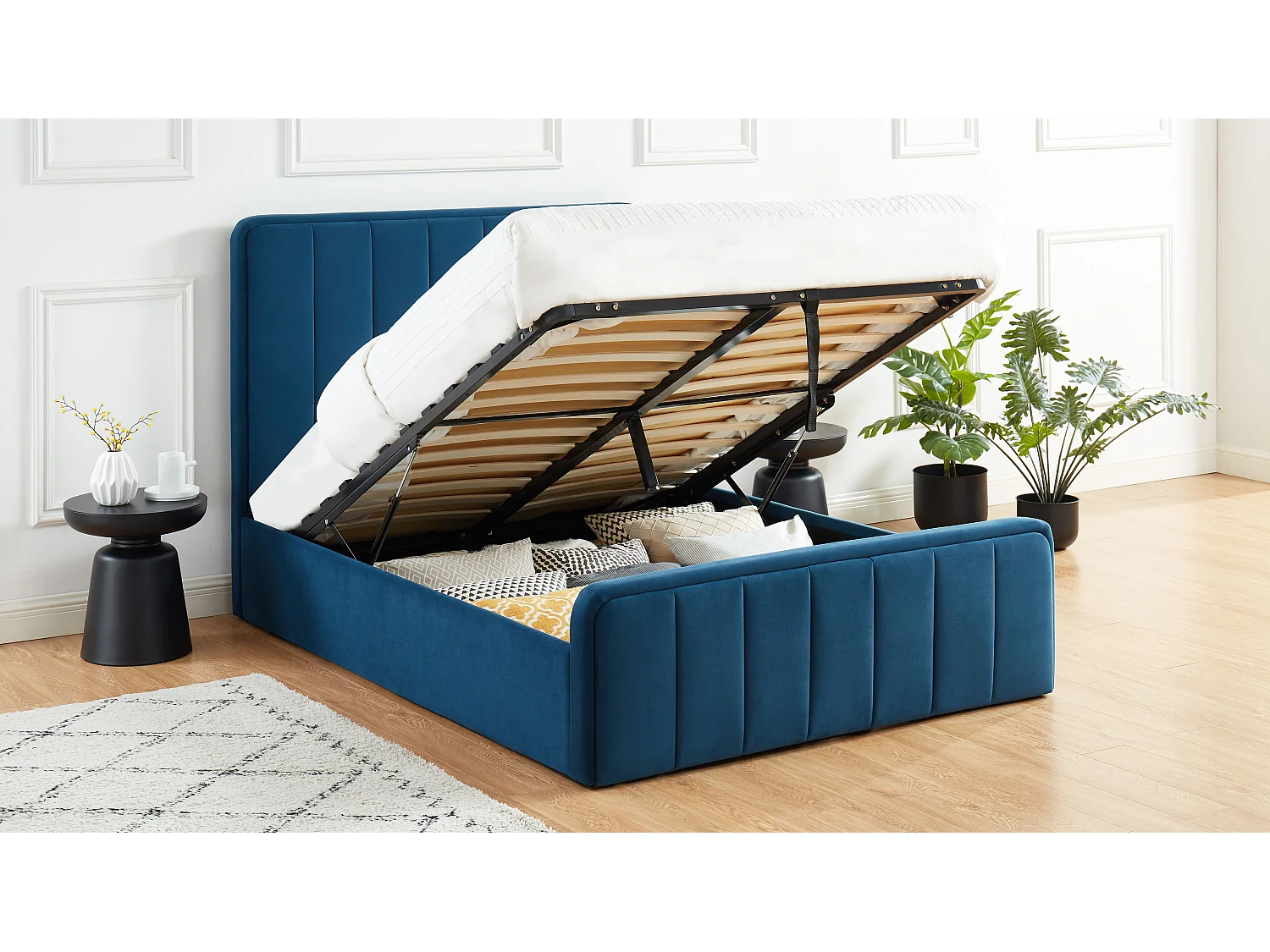 Lit coffre GATSBY velours bleu canard 140x190 sommier inclus