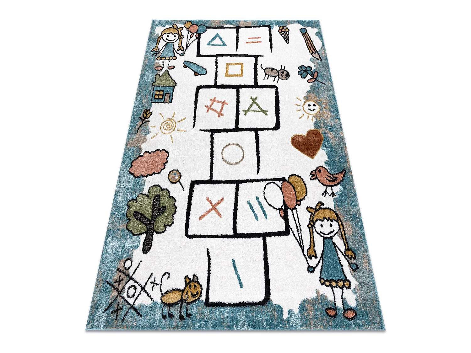 Tapijt FUN Hop voor kinderen, klassikaal spel, dieren blauw 200x290 cm
