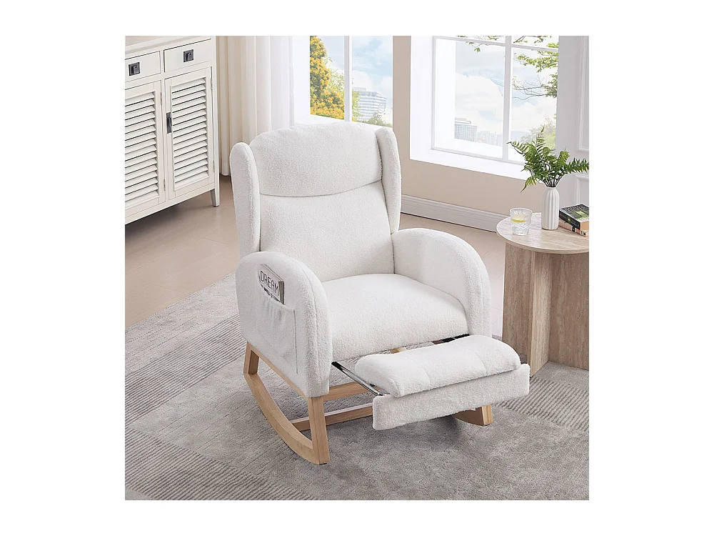 Fauteuil à bascule allaitement lounge structure bois repose-pieds réglable dossier haut Teddy poche appoint chambre salon blanc